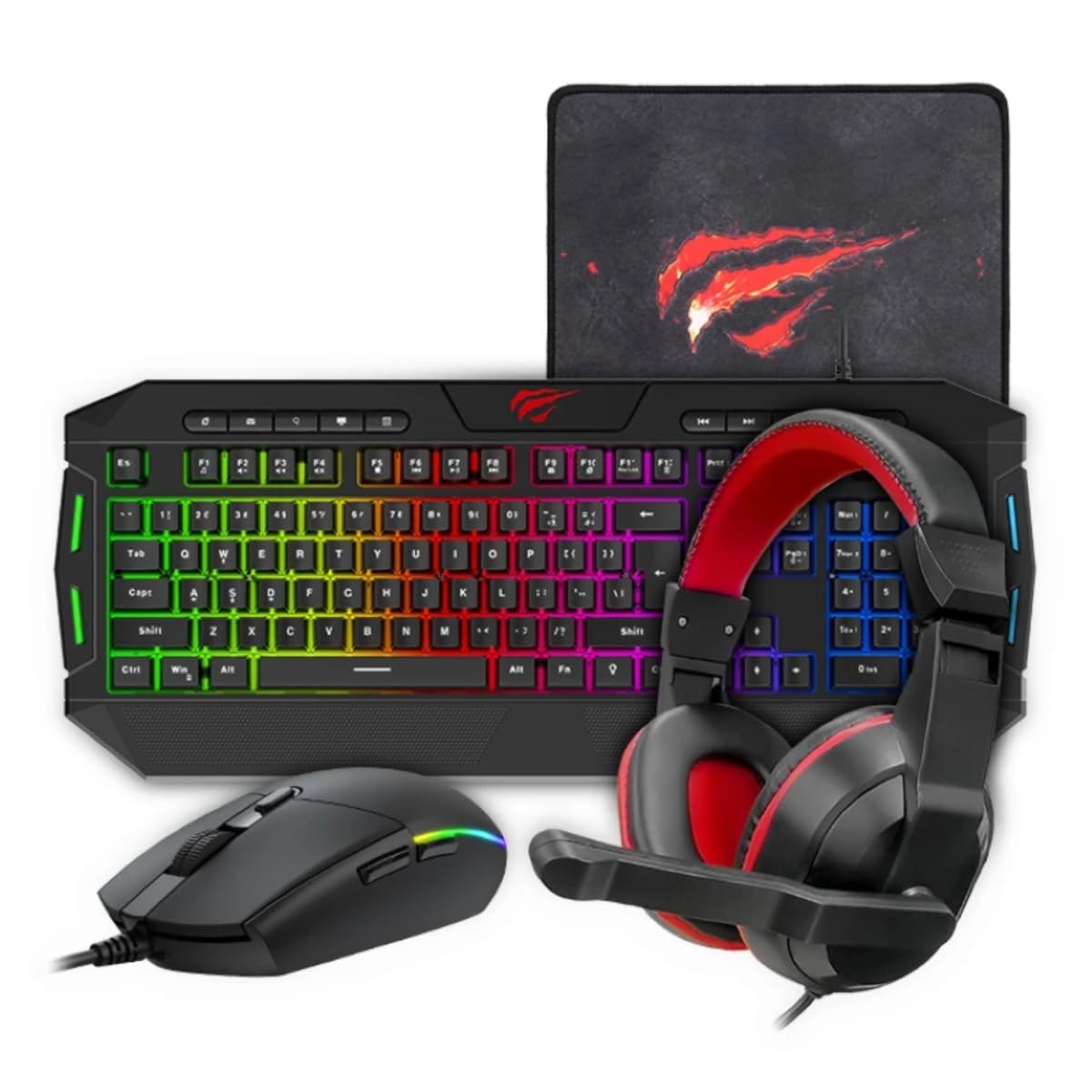 HAVIT 4-in-1 Wired Gaming Combo – RGB Backlit Keyboard (114 Keys), 6-Button Mouse (800–2400 DPI), 3.5mm Headset with Mic, Fine-Mesh Mouse Pad – PC, Mac, Laptop Compatible – Black/Red