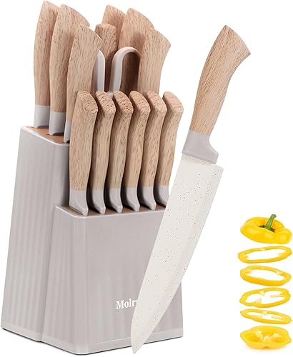 Juego de cuchillos de cocina de 15 piezas, color caqui, juego de cuchillos de chef afilados de acero inoxidable antioxidante antiadherente con