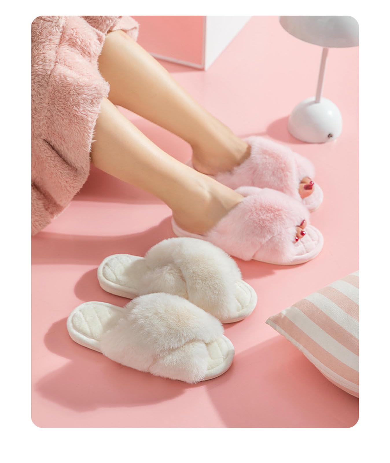Pantofole Donna Morbide da Casa con Cinturino Incrociato E Punta Aperta, Camera in Pile Antiscivolo-bianco-40-41