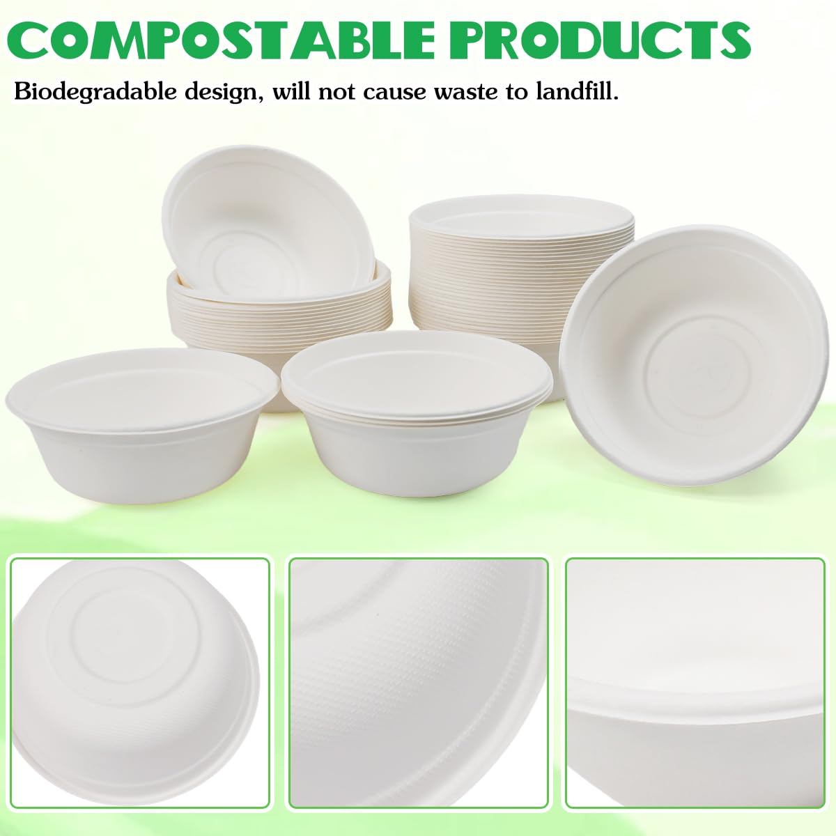 Kleemeiero 50 Pezzi Ciotole di Carta Bagasse di Canna da Zucchero 500ML Ciotola per Zuppa Biologica Rotonda Bianca Biodegradabili e Compostabili Piatti Carta per Picnic Barbecue Feste