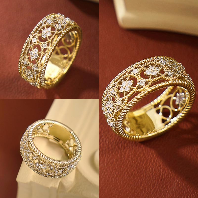 Gixaxak Vintage 18K Gold Plated Cubic Zirconia Hollow Design Flower Scroll Promise Ring Band 925 Sterling Silver Eternity Statement Wedding Engagement Bands Gift for Women 72