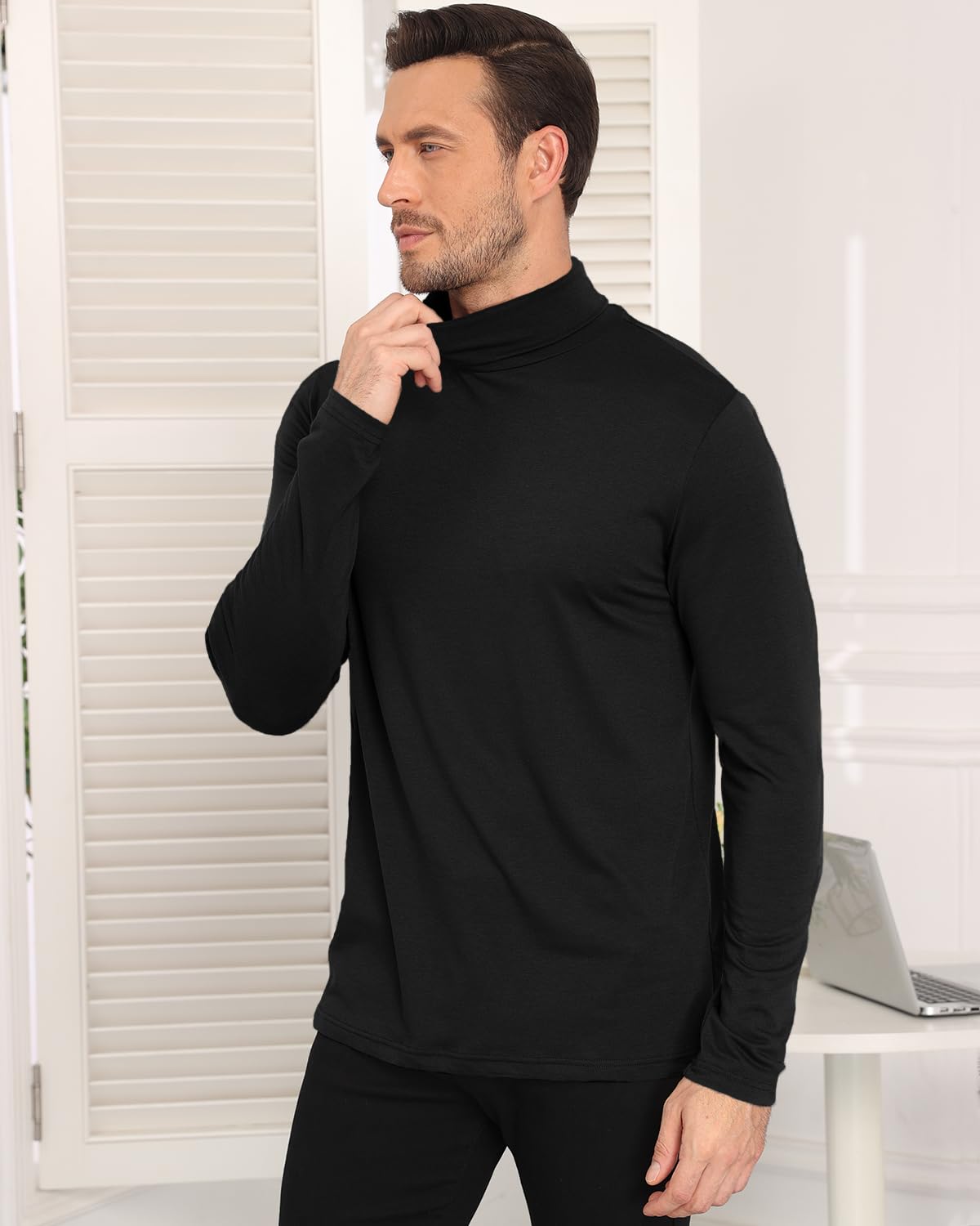 Uusollecy Pull Col Roulé Homme Coupe Ajustée Élastique Léger Basique sous-Pull Manches Longues