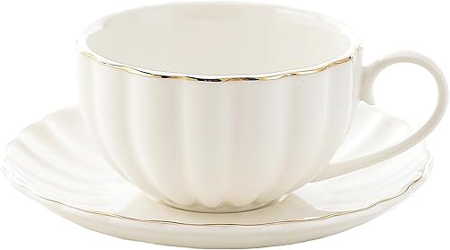 Generic Bloosnow HFB0002B - Taza de café de porcelana blanca de 8 onzas con platillo, taza de té y platillo de cerámica con ribete dorado para