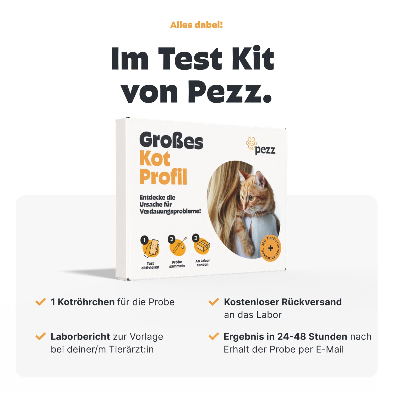 PEZZ Großes Kotprofil 7-in-1 Test für Katzen | Nur eine Probe | Alle häufigsten Parasiten und Würmer & Durchfallerreger, Verdauungsfunktion, Enterotoxin, pH-Wert etc. | gratis Labor-Versand