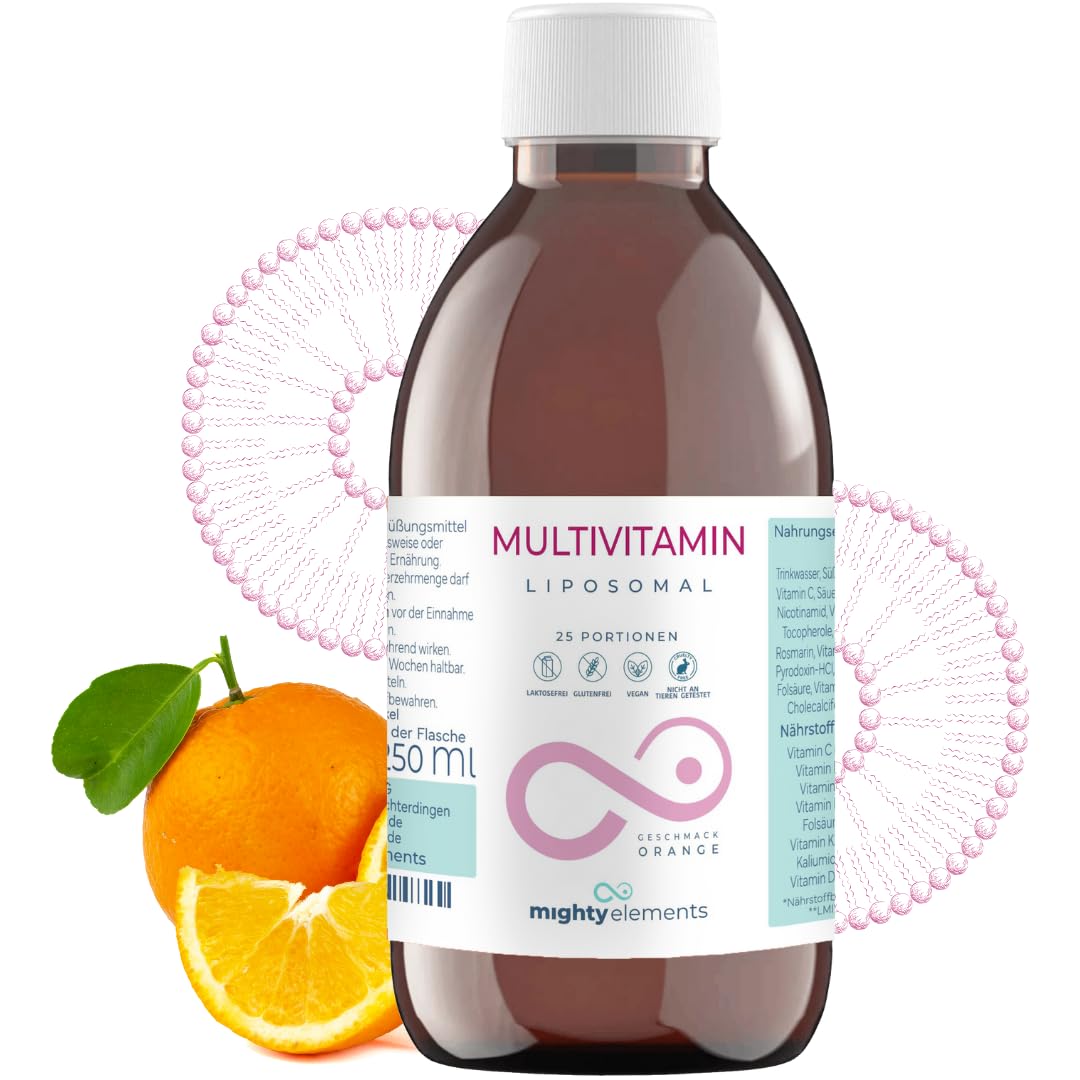 Mighty Elements Liposomales Multivitamin 250ml Vitamin C 200mg Vegan | 16 Vitamine & Mineralstoffe, B-Komplex, D3, K2 (MK-7), Folat, Biotin, 25 Portionen, Blutorange, Made in Germany