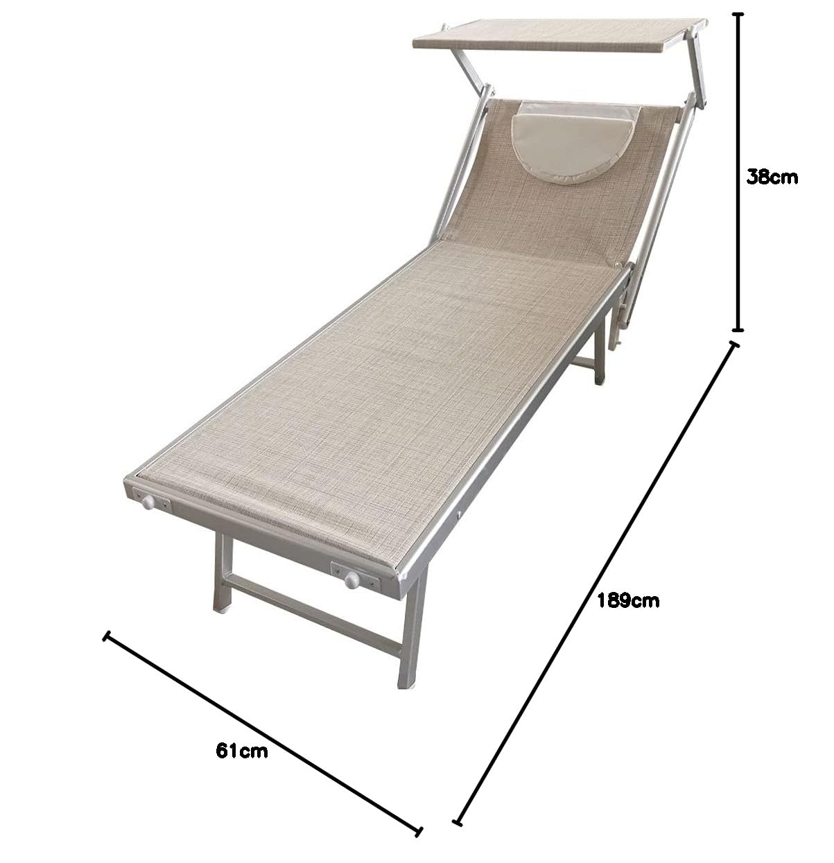 BAKAJI Lettino Prendisole Pieghevole da Mare con Tettuccio Parasole e Cuscino Poggiatesta Sdraio Stabilimento Piscina Spiaggia Professionale in Alluminio e Textilene 189 x 61 x 38 cm (Beige Melange)