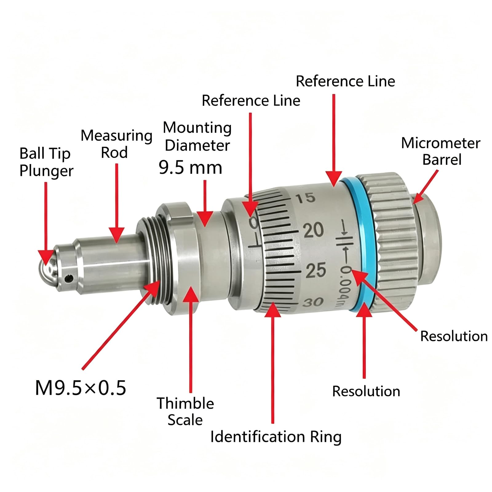 Strumento di Misura con Testa Micrometrica, Testa di Regolazione Micrometrica in Acciaio Inossidabile, Corsa di 6,5 Mm, Risoluzione di 0,002/0,004 Mm, per Strumenti Ottici, 0.004mm