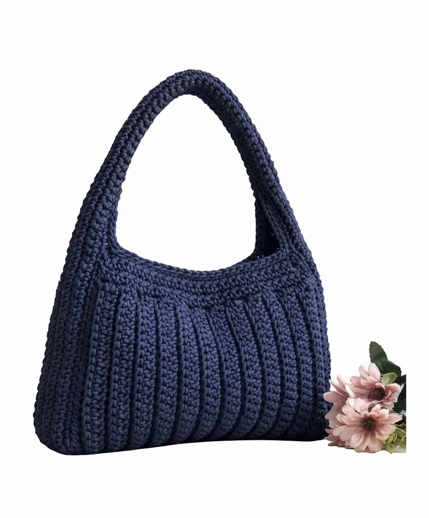 decofay Crochet Shoulder Bag, Navy Blue, Handmade Knit Hobo Style, Single Handle-picture-21