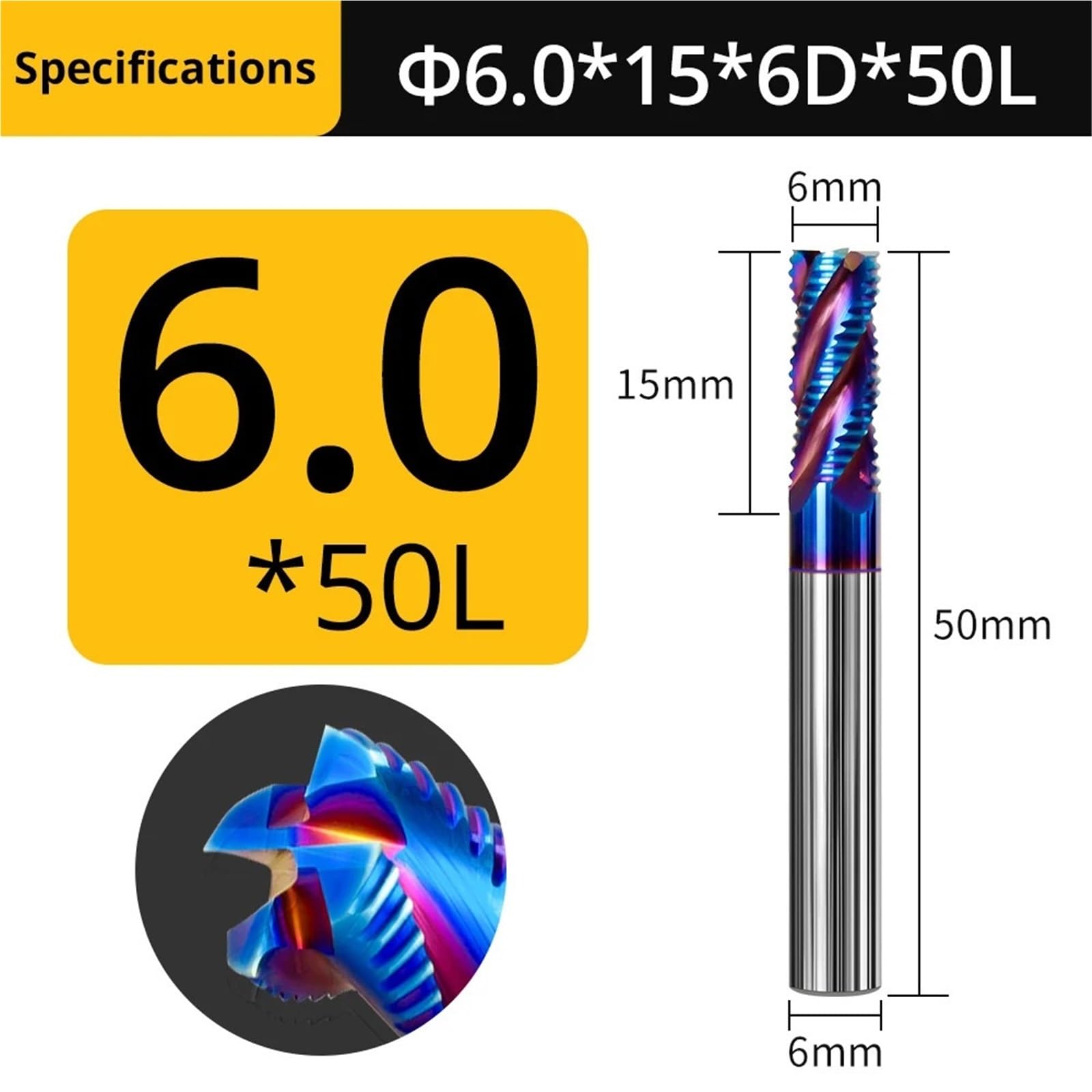 Fresadoras, Fresa de desbaste helicoidal de carburo de tungsteno y acero for fresadora, 4 filos, 6, 8 y 10 mm(D6x15xD6x50L)