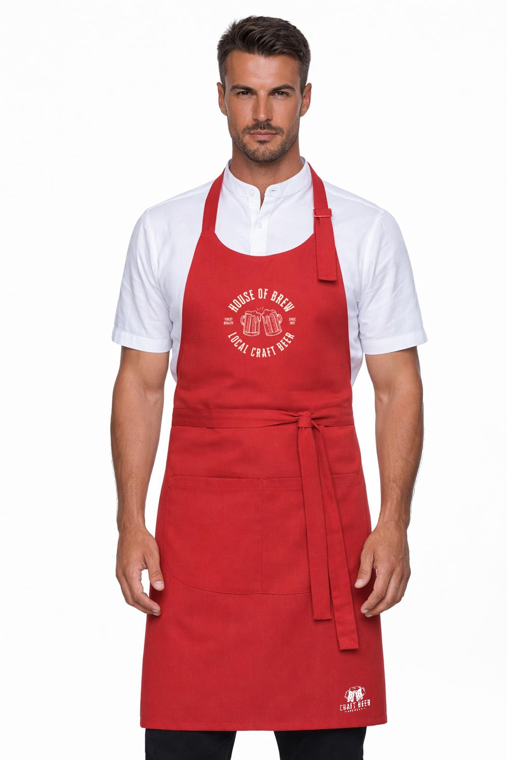 NXT-Horizon Custom Logo Apron, Personalised Restaurant & Catering Apron, Adjustable Neck Strap, Large Pocket, Cotton Twill Hospitality Uniform for Bar, Café, Brewery & Kitchen Staff (Red)