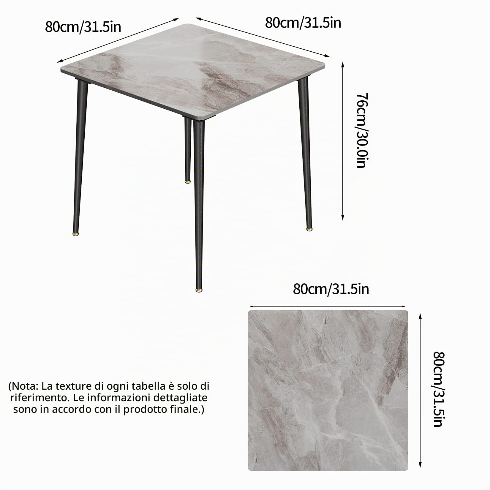FATIVO Tavolo da Pranzo Marmo Quadrato 80x80cm: Cucina 4 Posti, Soggiorno Moderno Antigraffio, Scandinavo Grigio Lucido Raffinato da Ristorante, Metallo Telaio