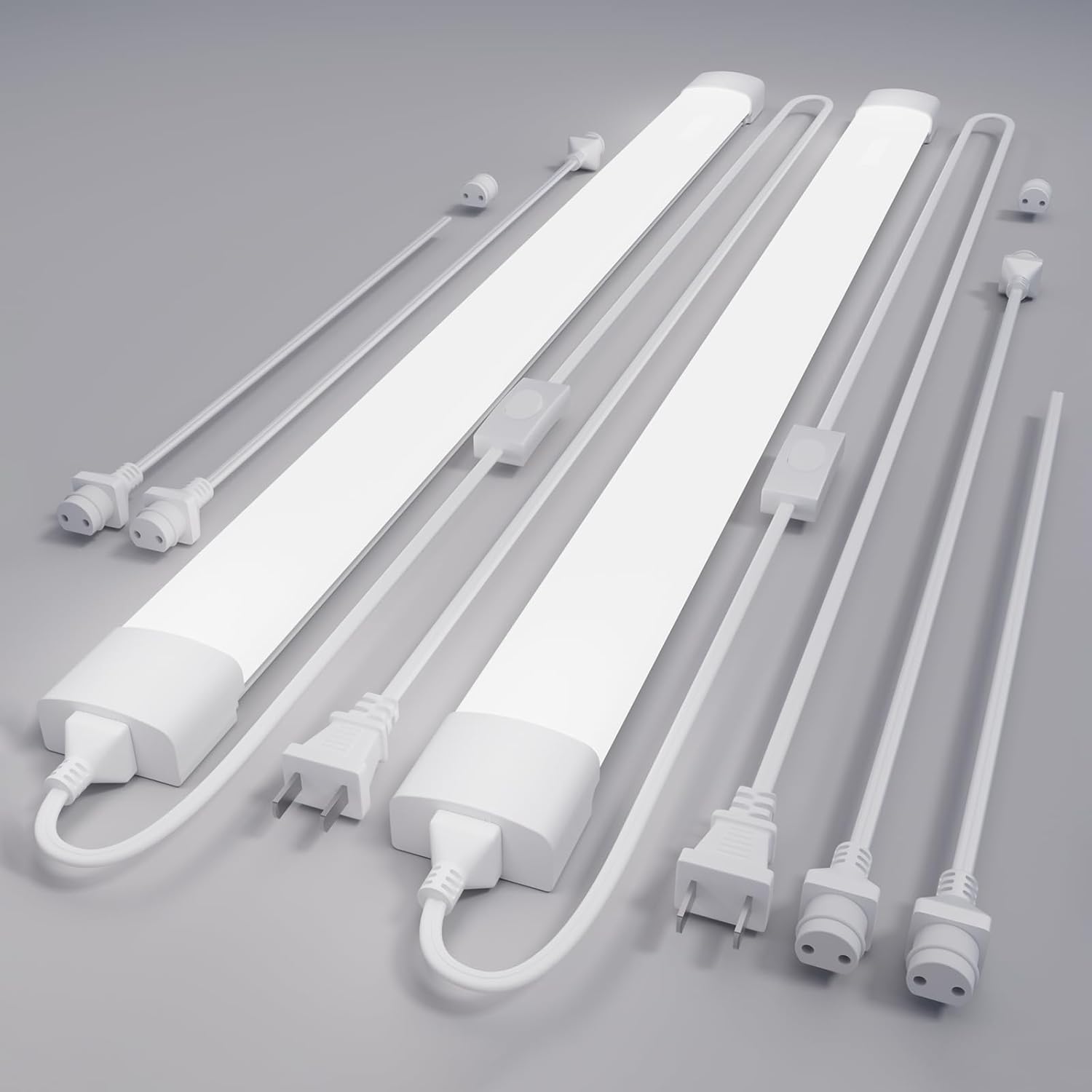 LED Shop Light Fixtures 2FT, 2PCS Linkable 18W LED Tube Lights with Plug, 5000K Ceiling/Closet Light for Laundry Kitchen, 2500 LM Super-Bright Plug in Utility Light with NO/Off Switch