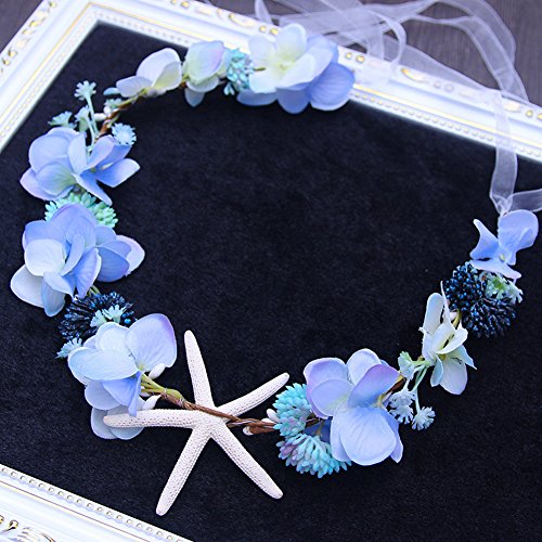 Scala Brand 3 Colors to Choose Bridal Hair Accessories Handmade Headband Beach Starfish Flower Wreath Bride Handmade Wedding Garland Soft Pearl Hair Jewelry (Blue Starfish)