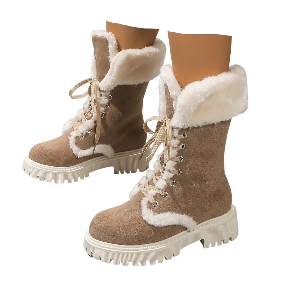 Womens Suede Lace Up Platform Mid Calf Snow Boots Fur Lined Warm Non Slip Winter Boots