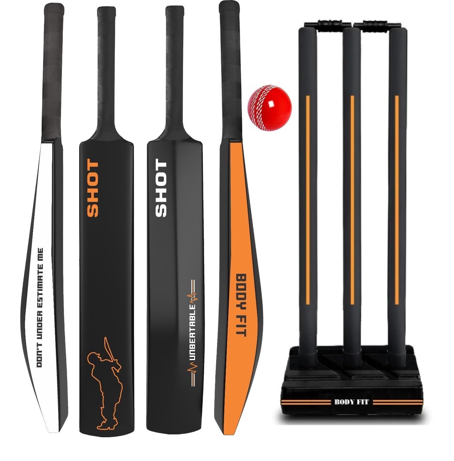 Bodyfit Heavy Duty Plastic Premium Cricket Kit Set | Lightweight| Full Size| | Hard Plastic Bat| Premium Cricket Wicket Set l 3 Stumps+2 Bails+1 Stand Set, 1 Ball. (Black-Orange)