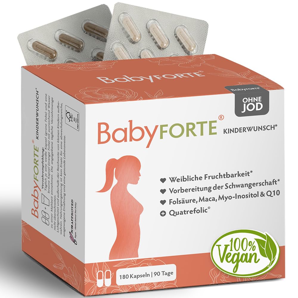 BabyFORTE® Kinderwunsch Vitamine ohne Jod - vegan- Quatrefolic®, Folsäure 800, Maca, Inositol - 180 Kapseln - Vitamine Schwangerschaft ohne Jod