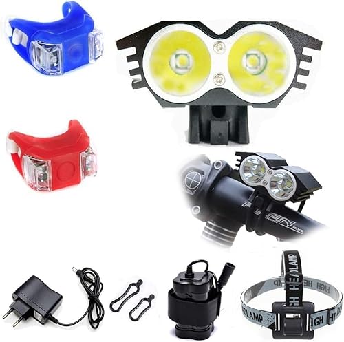 Faro Bicicletta Anteriore led luce luci per Bici Bicicletta MTB,Torcia da testa Lampada frontale Bici Faro,(4 Modalità,2 LED) U2 MAX.5000lm + LUCE POSTERIORE BICICLETTA (TY.3)