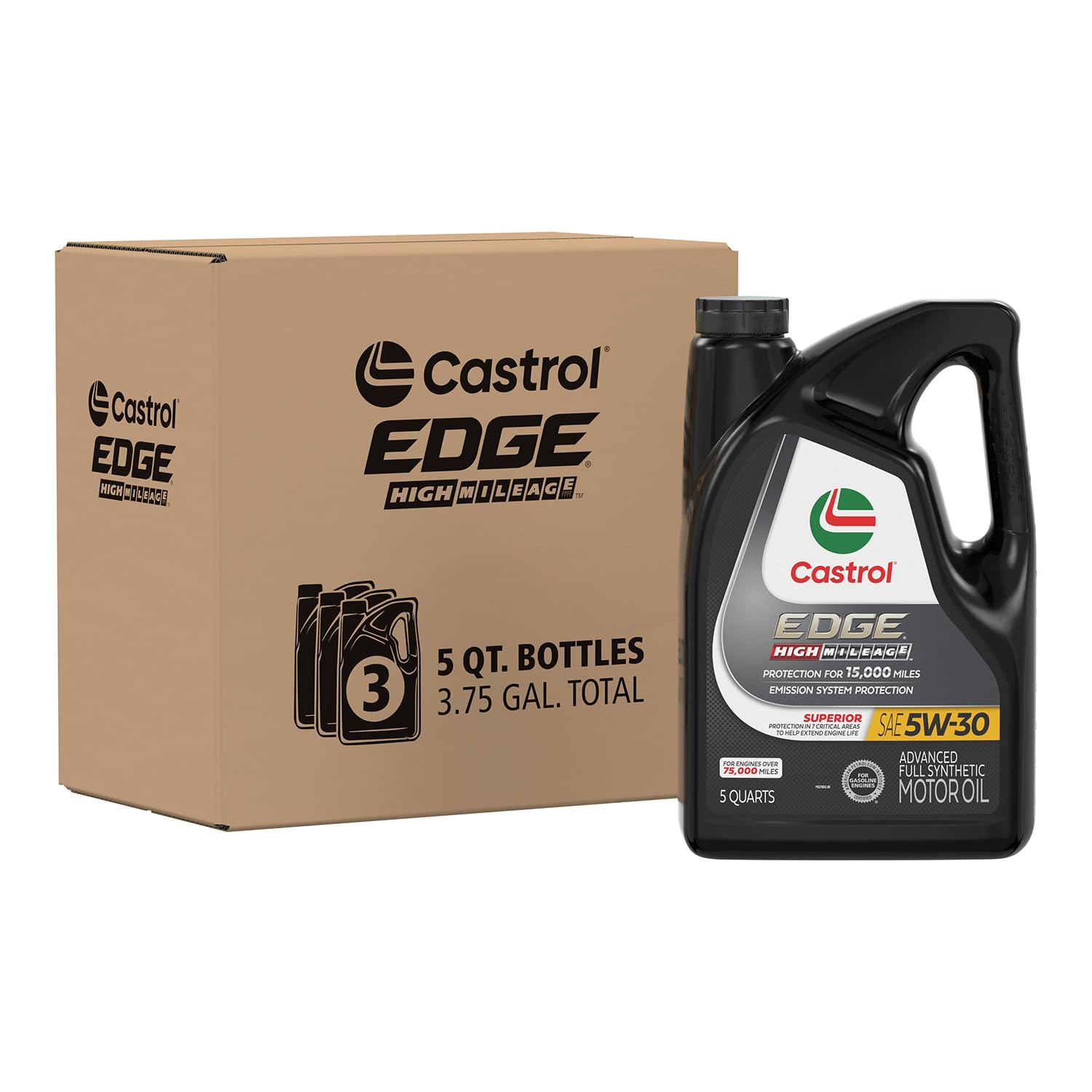 Castrol - 15906E-3PK 03128C Edge High Mileage 5W-30 Advanced Full Synthetic Motor Oil, 5 Quart, 3 Pack