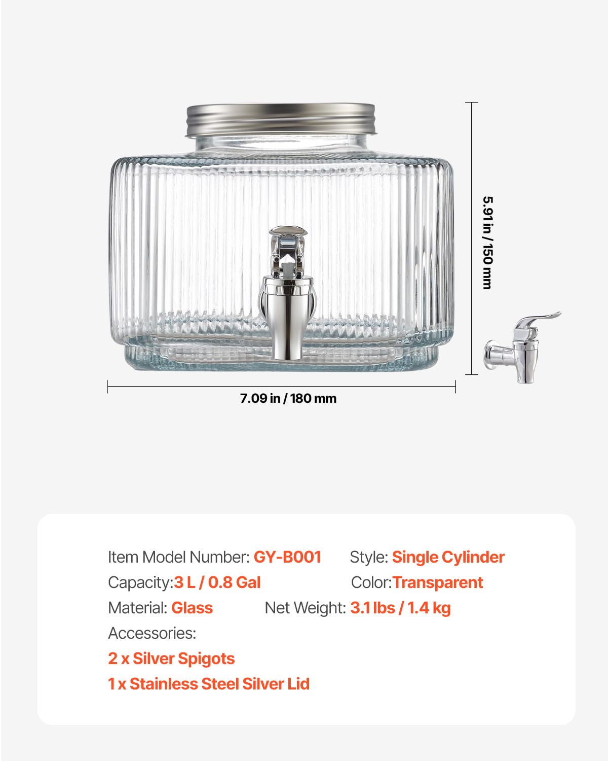 VEVOR Getränkespender (1 x 3 L) für Partys Saftspender (aus Glas) mit tropfsicherem Zapfhahn & Deckel Wasserspender für Restaurants Partys, Limonade Eistee selbstgemachte Getränke Spender