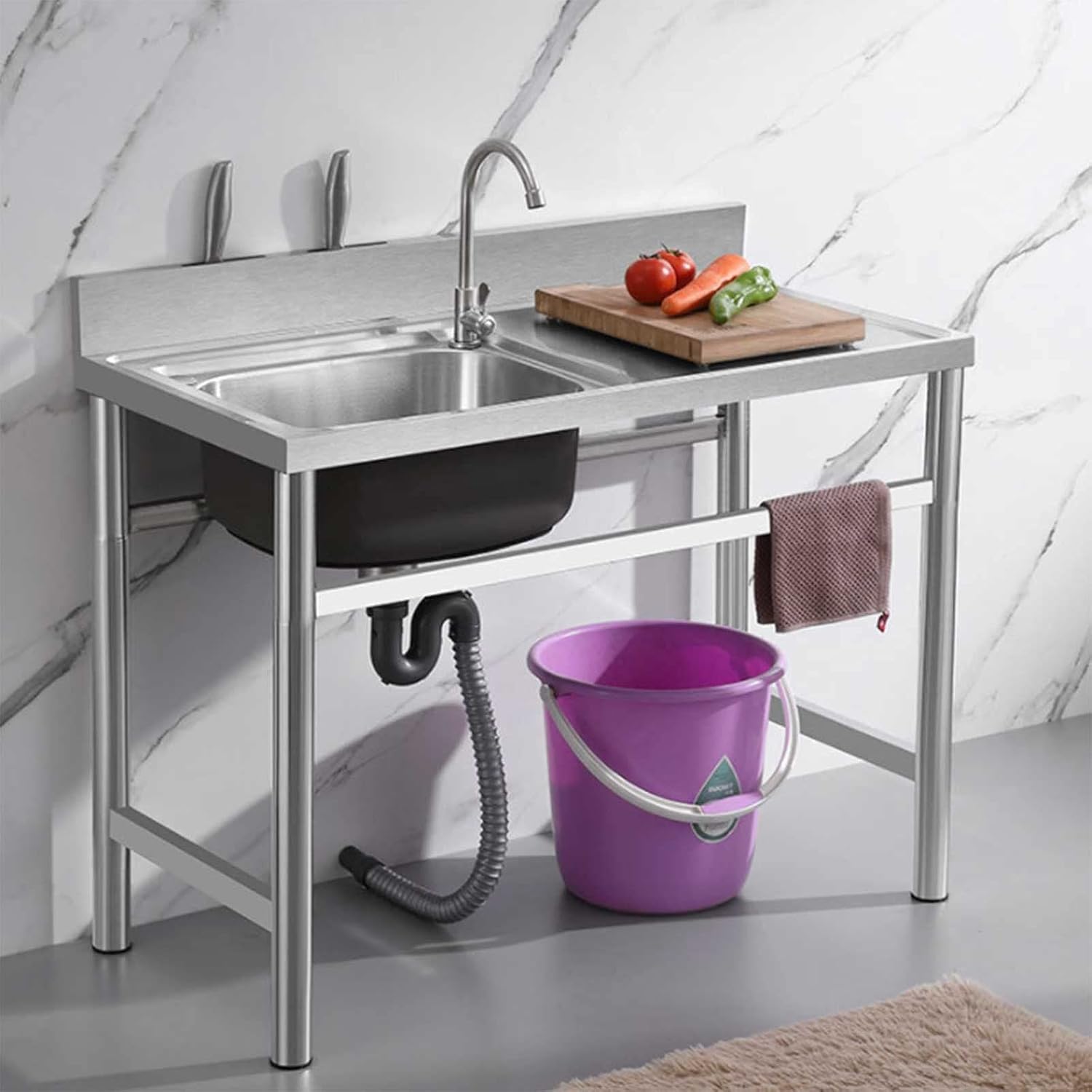 Single Tank Three Layers Commercial Stainless Steel Sink One-Piece Countertop Outdoor Hand Washing Sink with Back Splash Easy to Clean Used in Restaurants Kitchens