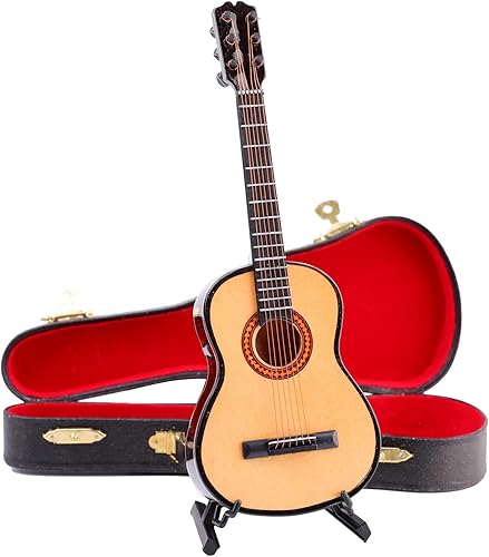 Vista 10 de Guitarra miniatura de madera con soporte y estuche, mini instrumento musical, réplica de guitarra, figuras coleccionables, accesorios de casa
