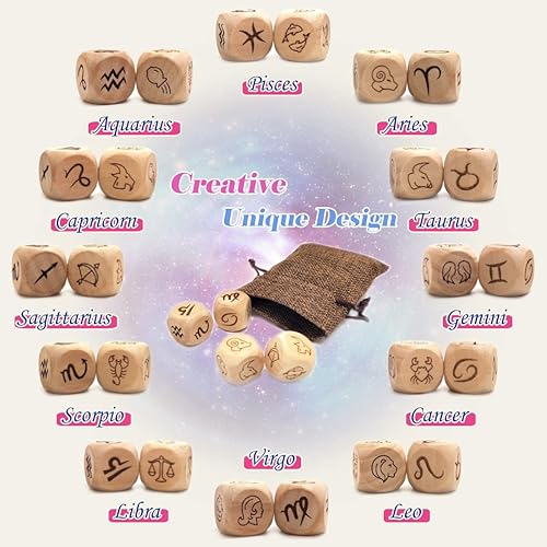 Miniatura 5 de Juego de 4 dados creativos del zodiaco, 2 pares de 12 dados de patrón de símbolo de constelación para accesorios de adivinación (versión 1 + versión