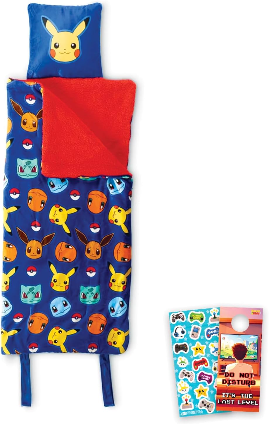 Pokemon Slumber Bag Set for Boys - Bundle with 27x56 Inches Pikachu Sleeping Bag with Attached Pillow Plus Stickers, More | Pokemon Warm Slumber Bag