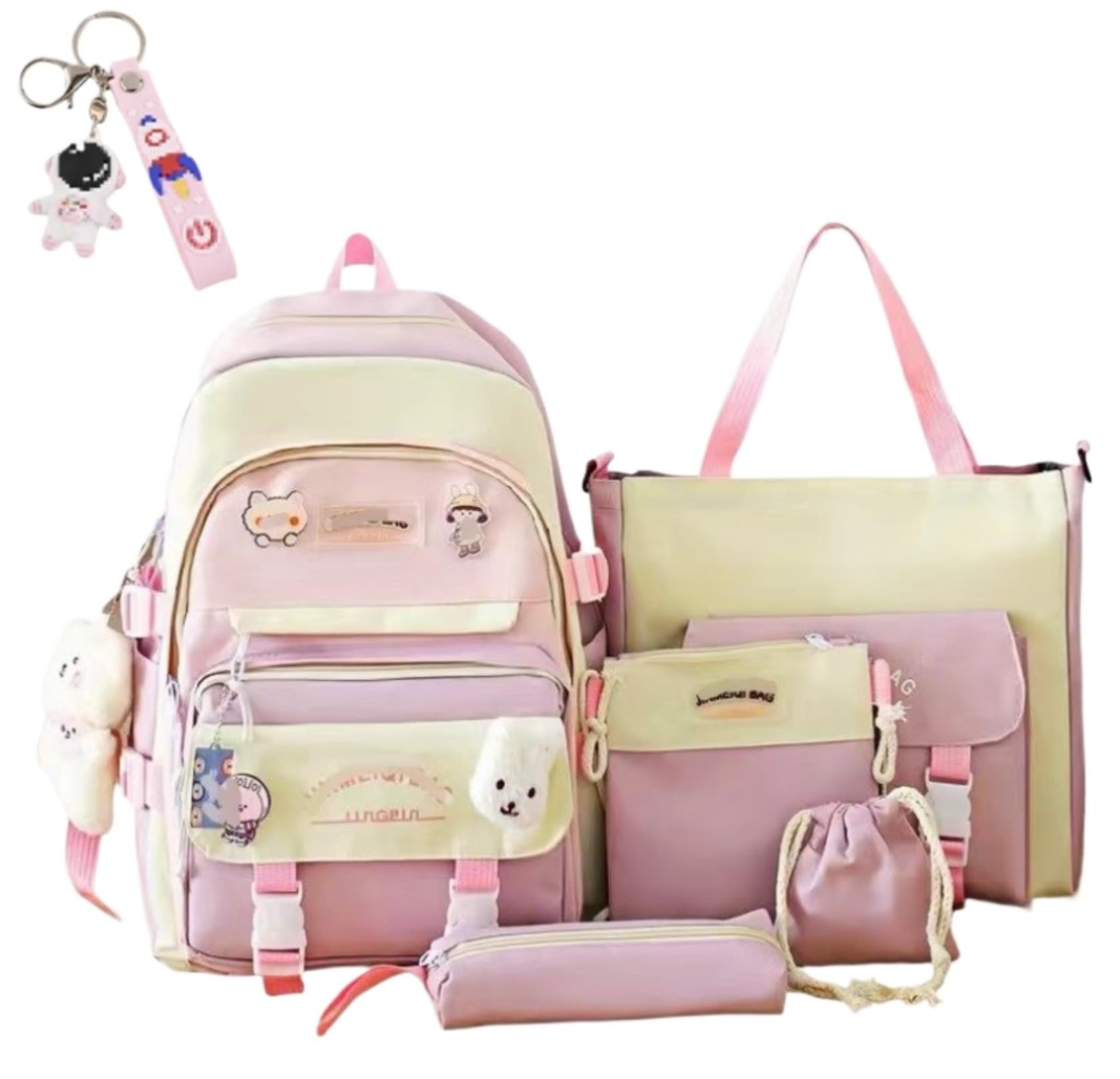 Kawaii 5-piece backpack set, cute school aesthetic schoolbag, youth supplies backpack set and accessories (Pink Schoolbag9, 16.92x12.2x6.29 inch)