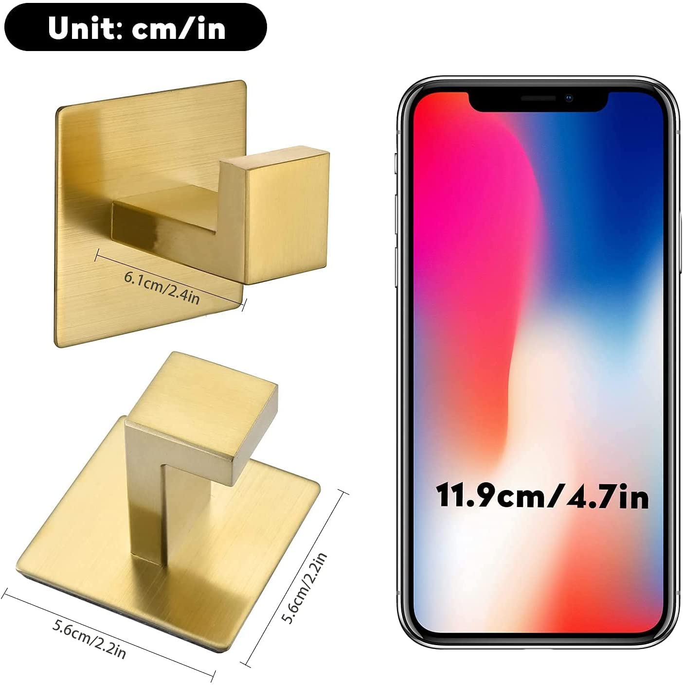 WOLIBEER Gancho autoadhesivo para toalla, color dorado cepillado, paquete de 4 unidades, sin taladrar, gancho de pared adhesivo de acero inoxidable para baño