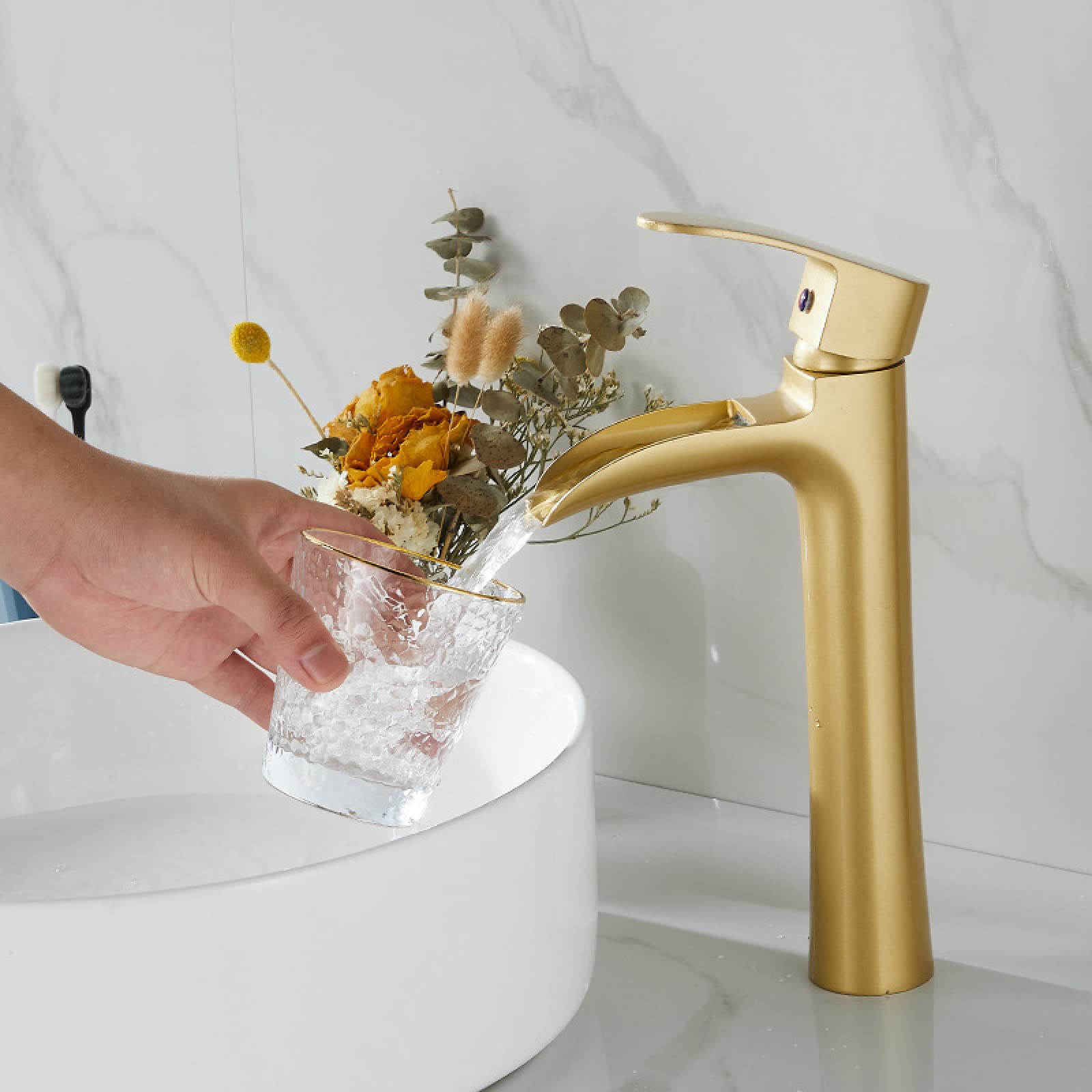 Genérico Lavabo, Cascada, Grifo, Lavabo De Encimera, Agua Fría Y Caliente, Monomando, Mueble De Baño De Un Solo Orificio, Grifo De Cobre, Negro Bajo