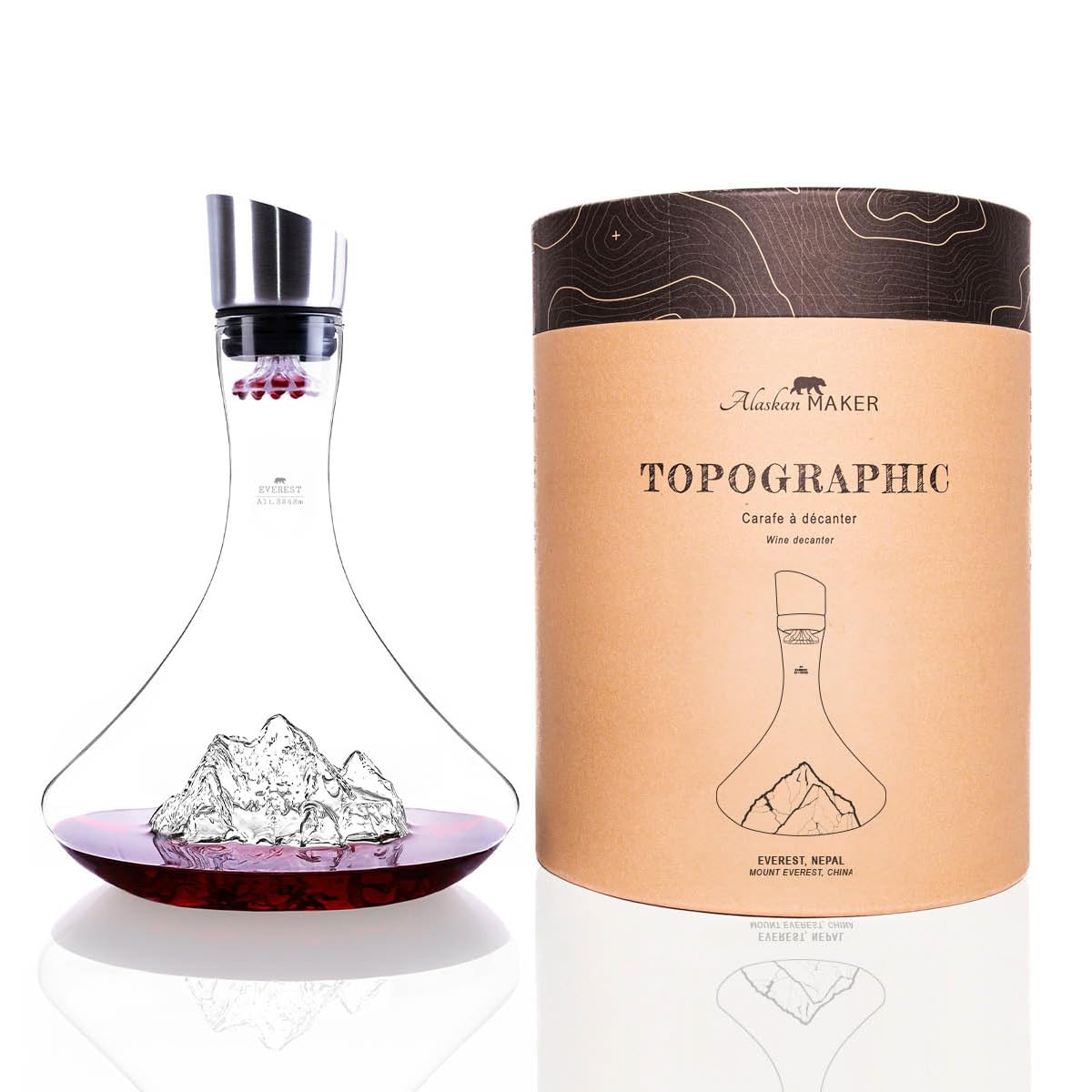 Caraffa per decantare il vino, 1,8 l, borosilicato di alta qualità, soffiato artigianalmente con montagne in rilievo, tappo 3 in 1 (filtro, aeratore e beccuccio) (Everest)