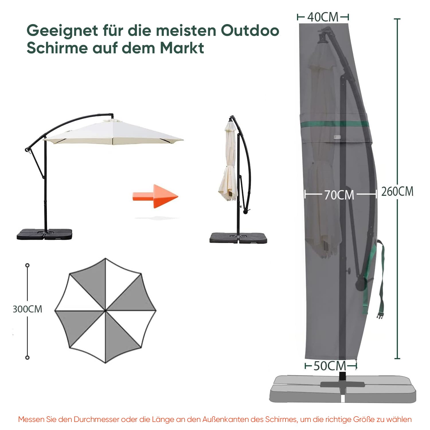Sekey Ampelschirm Schutzhülle mit Stab, Abdeckhauben für Gartenschirm mit Belüftungsöffnungen, Abdeckung für Kurbelschirm / Balkonschirm, 100% Polyester, wasserdicht, Dunkelgrau.