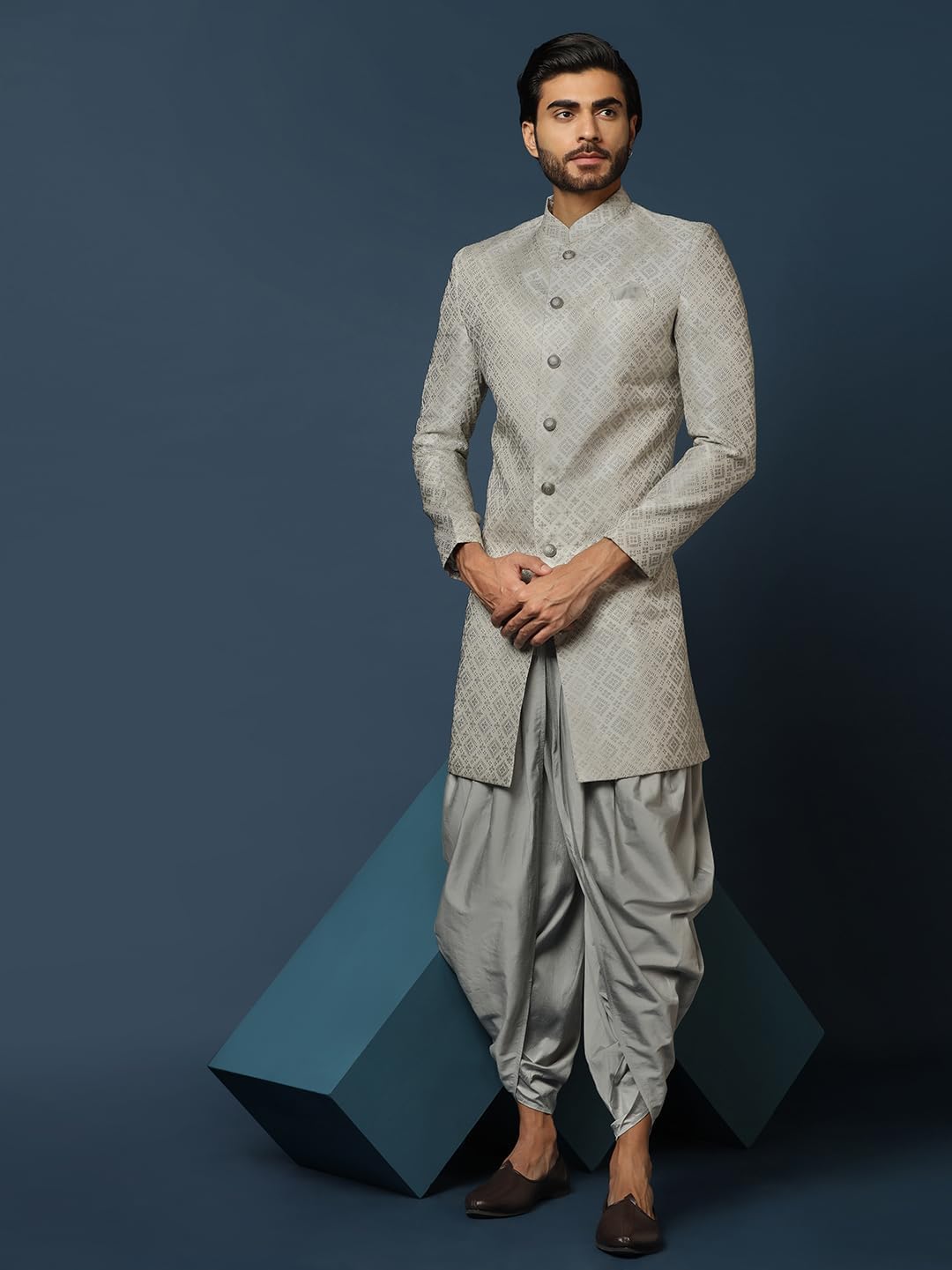 KISAH Men's Grey Jacquard Indowestern Sherwani & Dhoti Set – Regular Fit, Mandarin Collar | Indian Wedding & Festive Wear