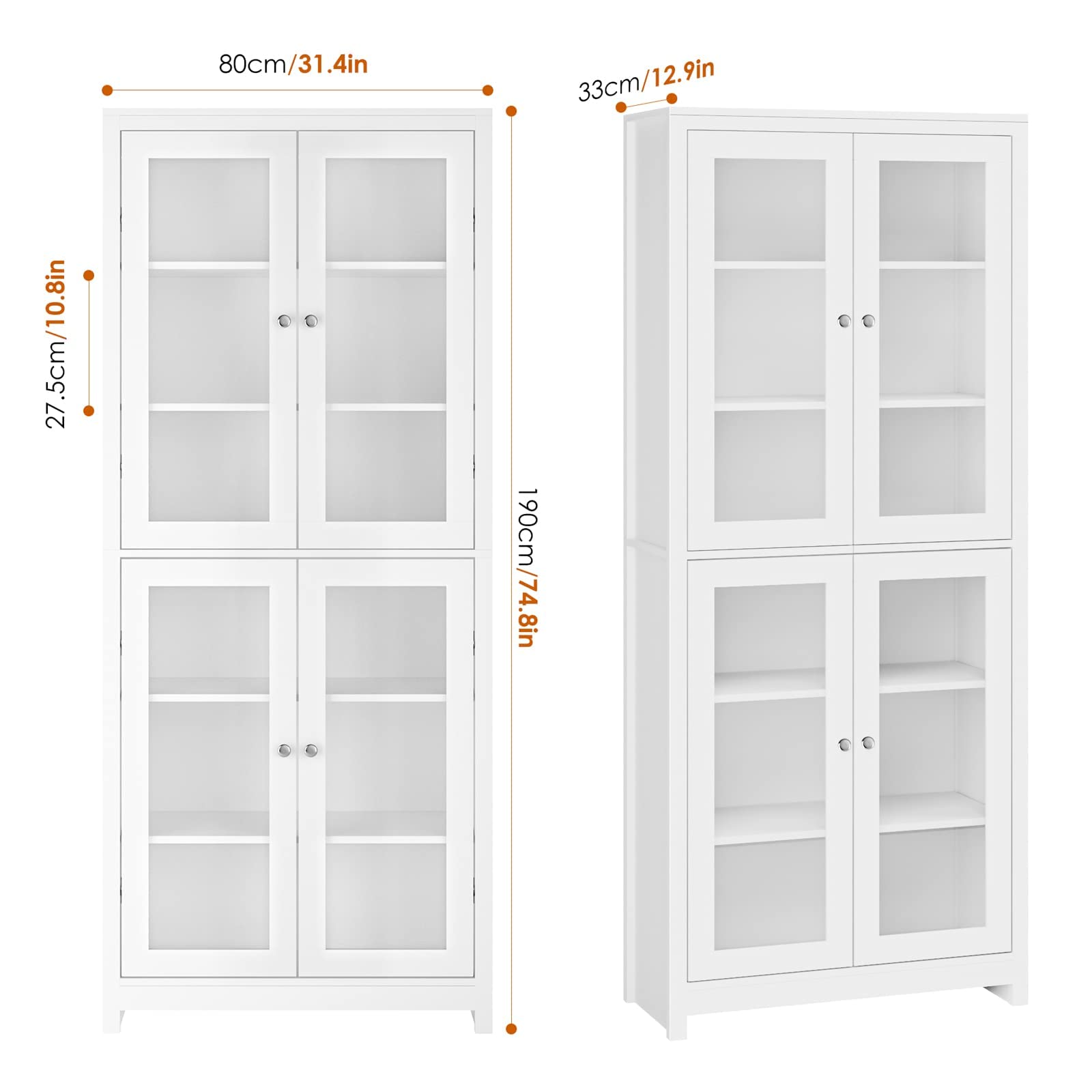 FOREHILL 190cm Libreria Vetrina Espositiva Alta,Armadietto con Vetrina Armadietto Laterale,Credenza Cucina con 4 Ante in Vetro 6 Scomparti,Vetrinetta per Soggiorno, Camera, Ufficio Bianco