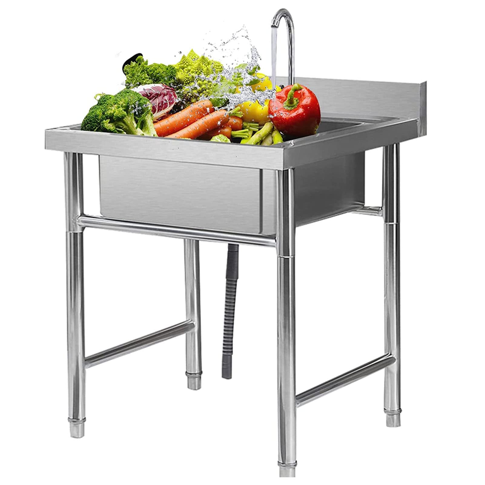 OWOHYG Stainless Steel Freestanding Kitchen Sink With Single Bowl Industrial Metal Workstation Durable Utility For Outdoor Restaurant And Laundry Prep.50cm