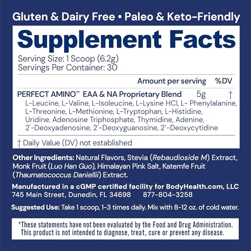 Image of BodyHealth PerfectAmino Powder - BCAA and EAA Powder for Pre and Post Workout - Amino Acid Energy Drink for Men and Women to Support Lean Muscle and Recovery - Vanilla - 30 Servings