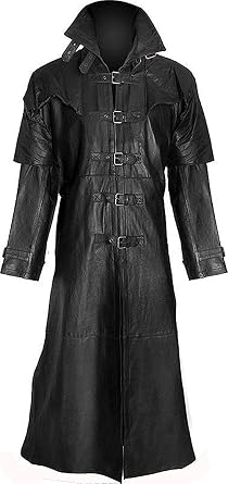 Mens Gothic Uniform Black Genuine Leather Trench Coat - Van Helsing Long Detective Leather Costume