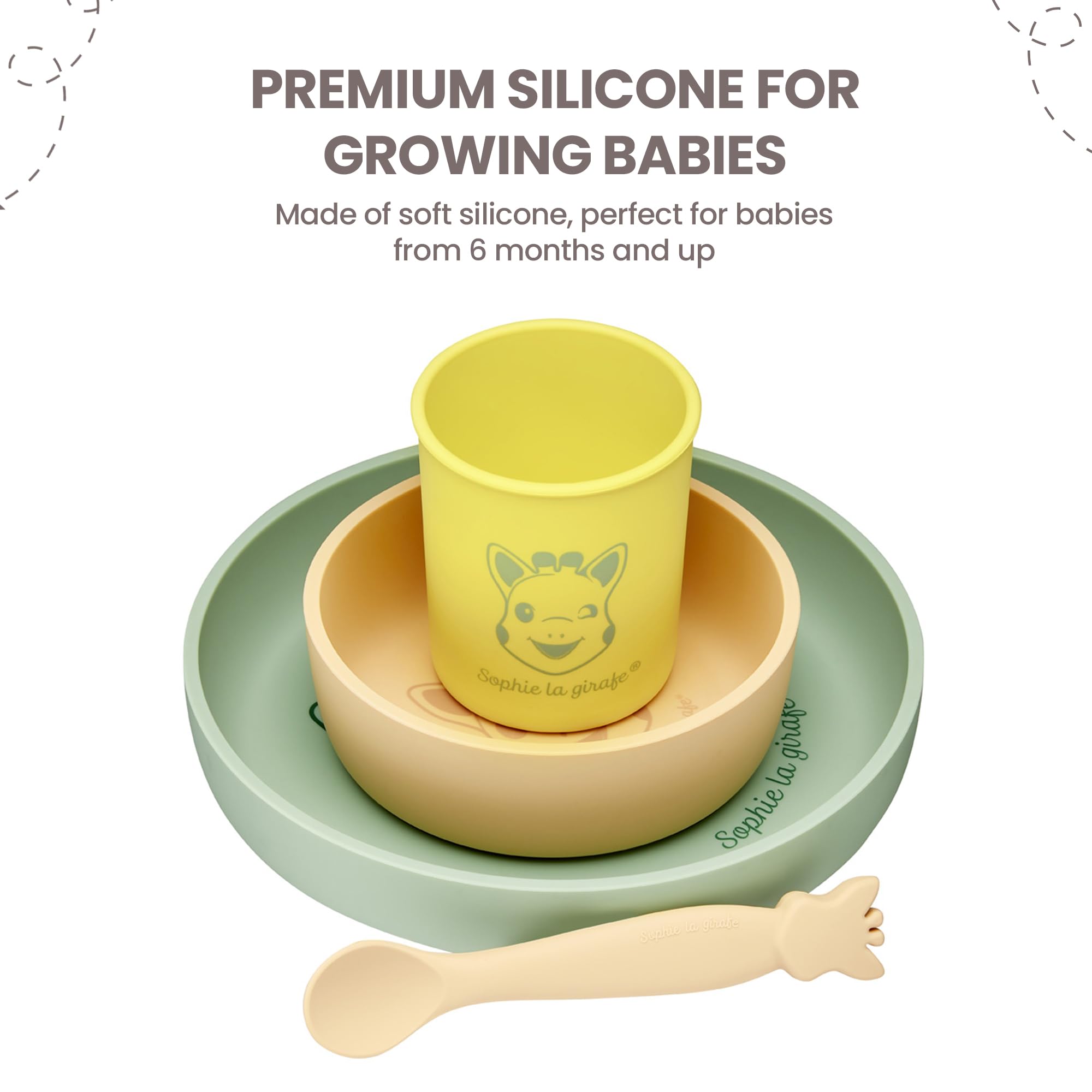 Sophie la Girafe Set de Repas en Silicone - Assiette, Bol, Verre et Cuillère Passe au Lave Vaisselle et Micro-ondes