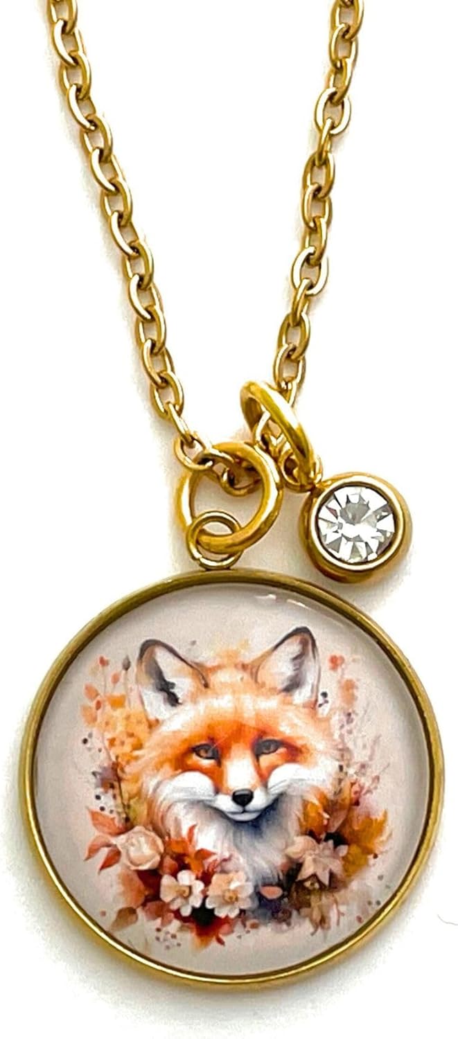 Fern & Filigree Fox Necklace for Women, Woodland Jewelry Birthstone Necklace, 18K Gold Plate, Gift for Mom, Daughter, Bestie, Spirit Animal, Birthday, Christmas, Cottage Core