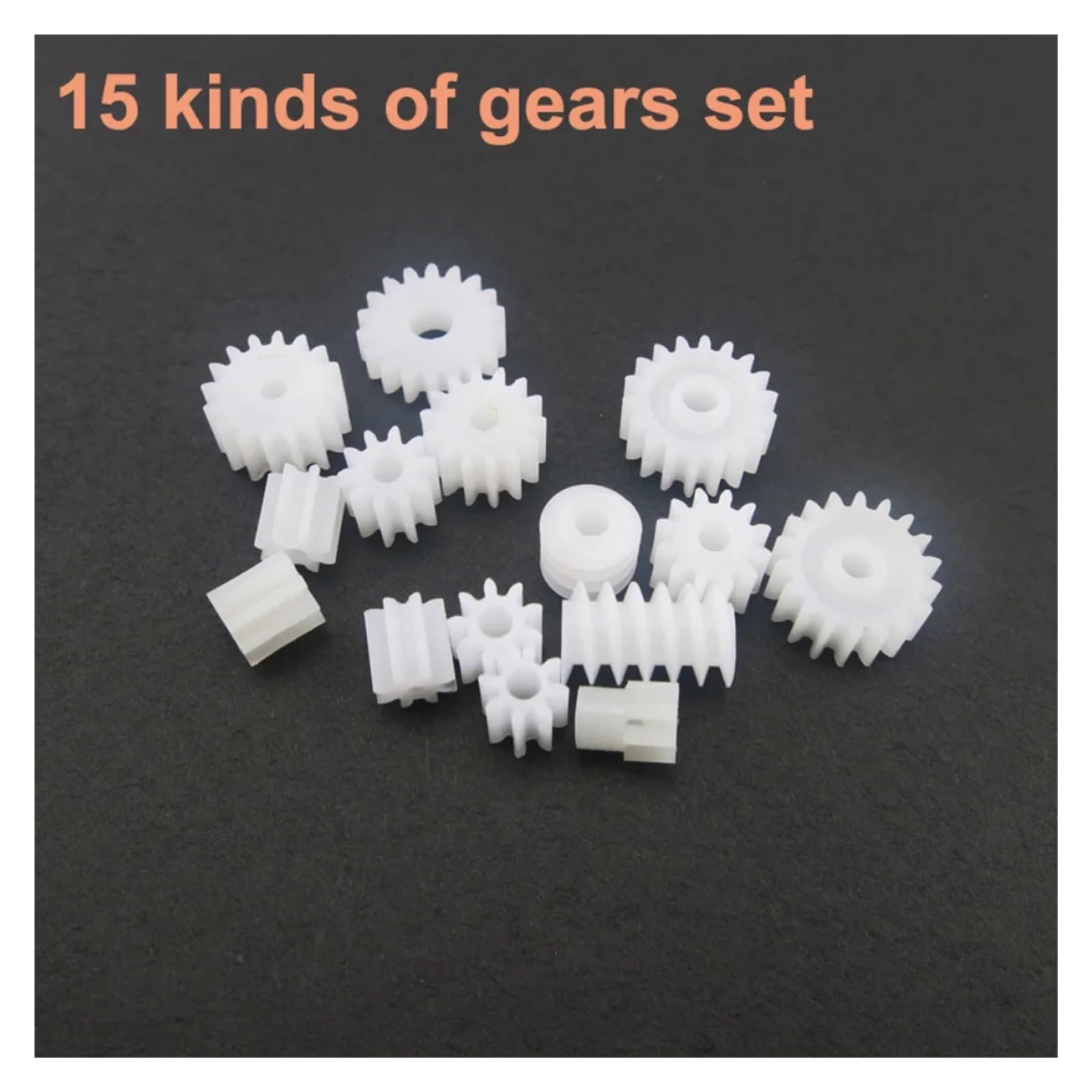 15 Arten von Kunststoff-Zahnradsätzen, 0,5-M-Modul-Zahnradpaket, 1 mm/1,5 mm/2 mm Welle, 7 Zähne, 8 Zähne, 9/10/12/14/16/18 Zähne, 6 mm Schneckengetriebe