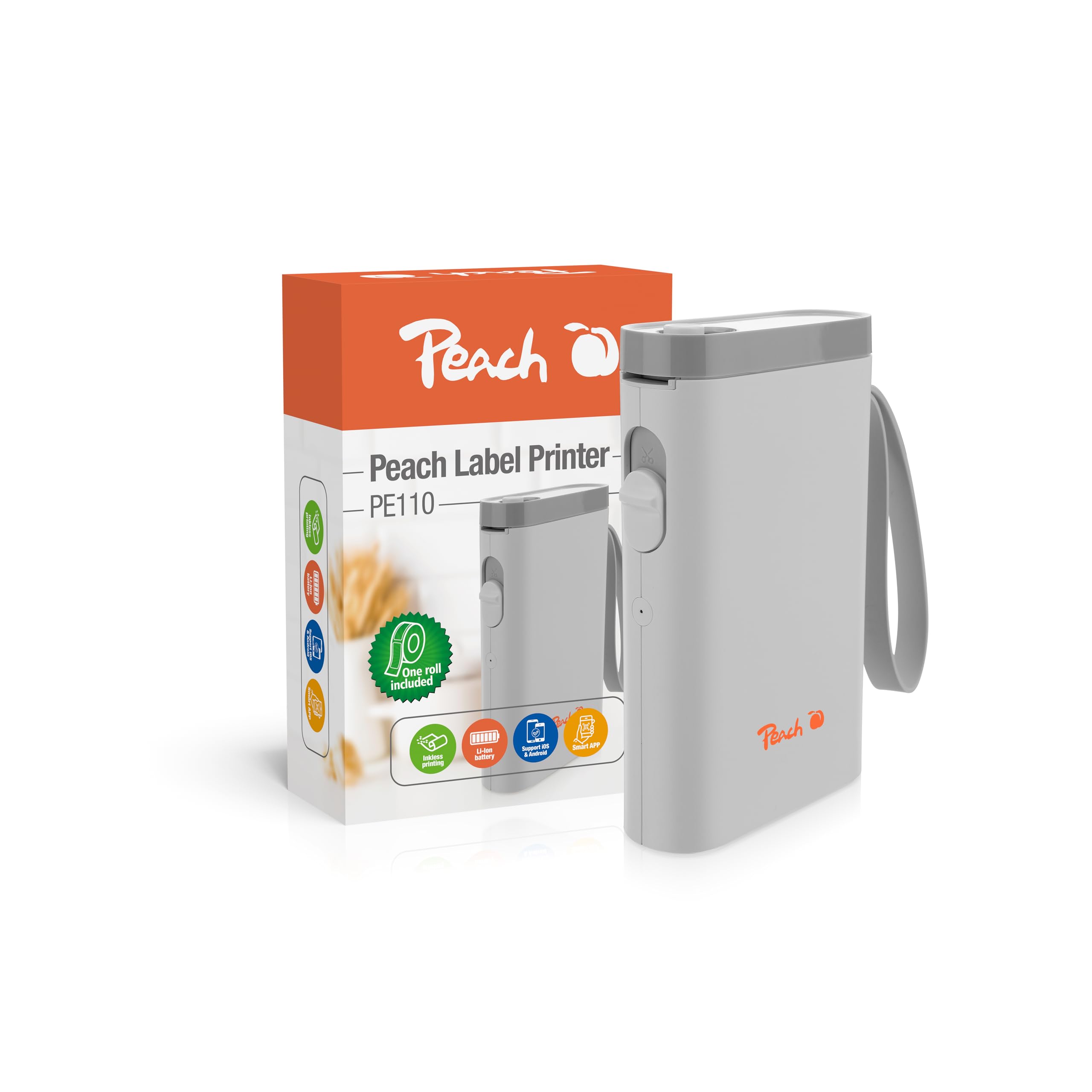Peach Bluetooth Etikettendrucker weiß – Etikettiergerät selbstklebend - platzsparend und kabellos – mit Beschriftungsgerät überall Ordnung schaffen - PE110A-w