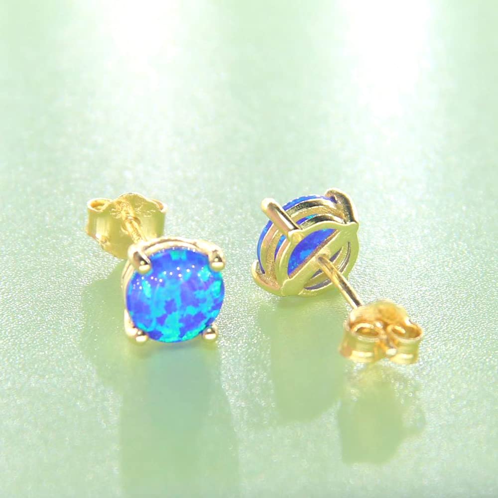 14K Gelbgold gefüllter Sterlingsilber 3/4/5/6MM Feueropal-Edelstein-Ohrstecker für Damen und Herren, Farbe Weiß - Blau - Rosa - Grün - Schwarz