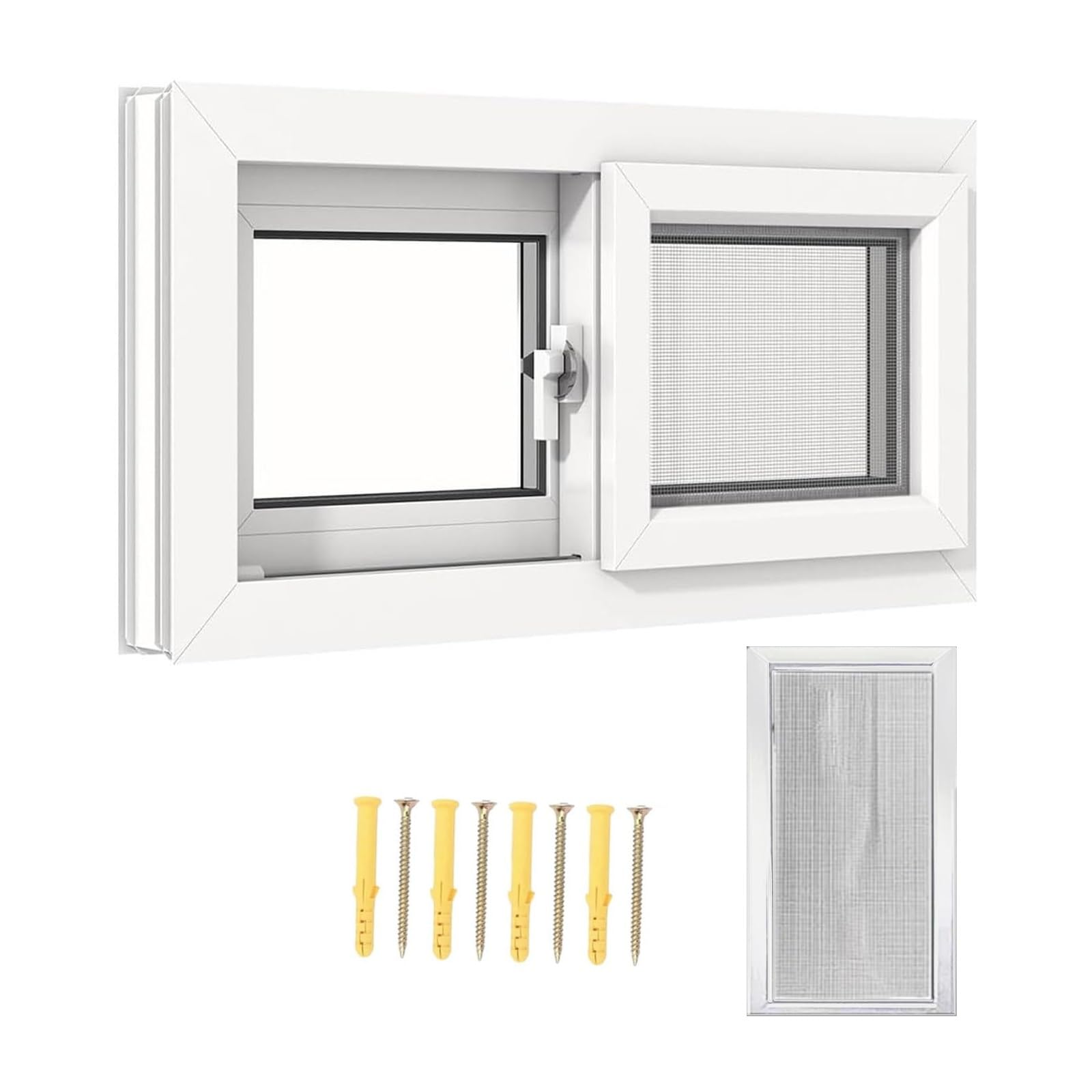 Zamiennik okna przesuwnego do piwnicy z ekranem i zamkiem – aluminiowa rama ze szkła hartowanego 5 mm, różne rozmiary (53 cm - 99 cm) - idealna do łazienek, kurników, białe wykończenie (szer. 28 x wys