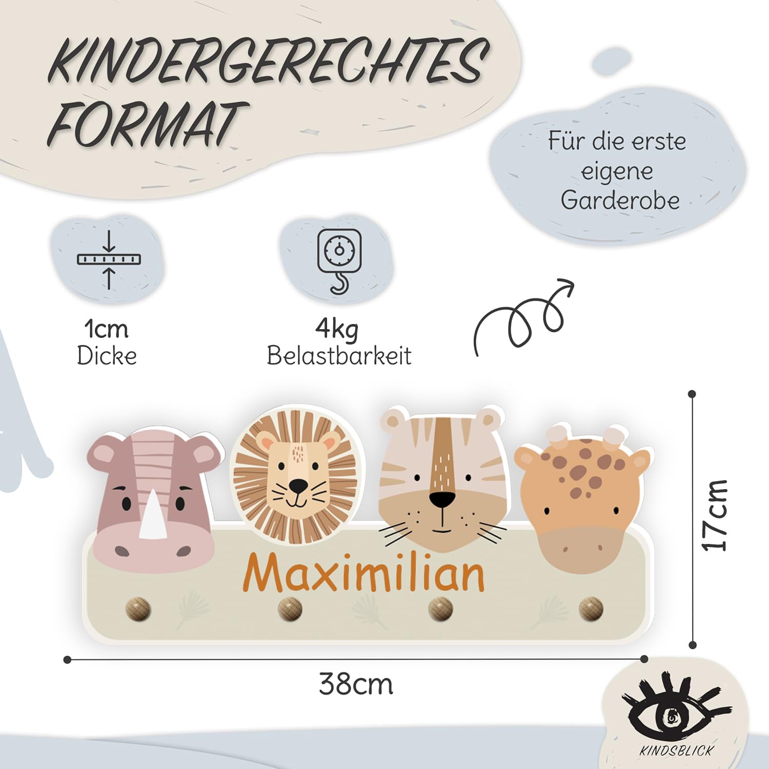 Garderobe mit Wunschname inkl. DIN A4 Poster - Personalisierte Kindergarderobe mit 4 Kleiderhaken für Kinder (Safari Natur)