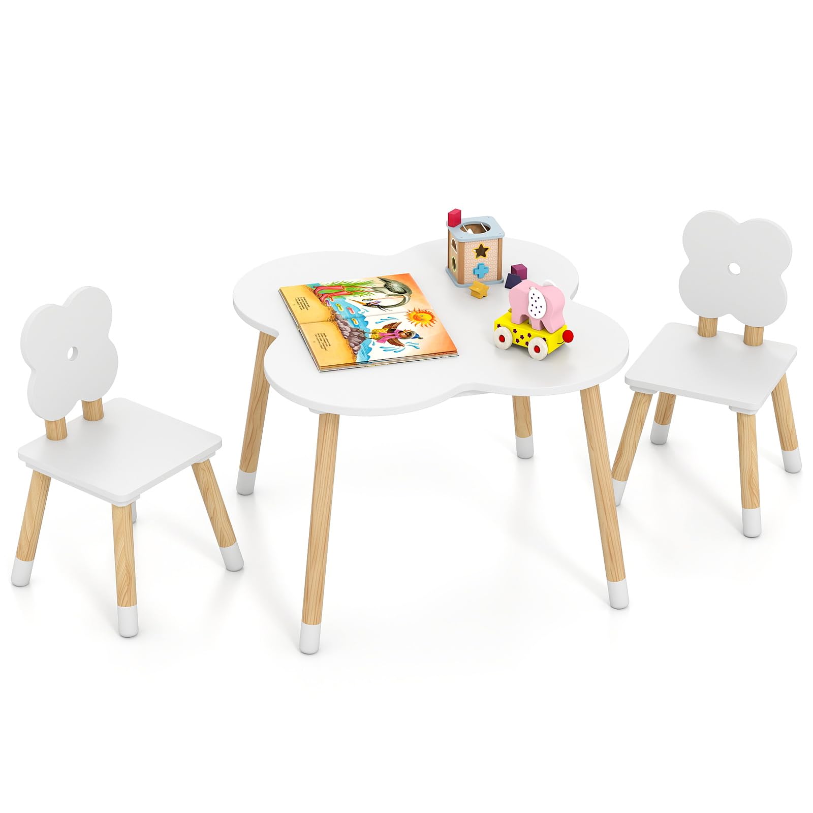 COSTWAY Kids Table and Chairs Set, Toddler Activity Table with Solid Wood Legs, Multi-Activity Table and Chairs for Learning Drawing Eating (Flower-Shaped)