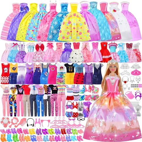 Image of 135 Pcs Doll Clothes and Accessories with Doll, Princess Gowns, Fashion Dresses, Slip Dresses, Top, Pants, Jumpsuit, Swimsuits, Shoes, Hangers, Doll Dress up Toys for Girls Kids Toddlers Toy Gifts