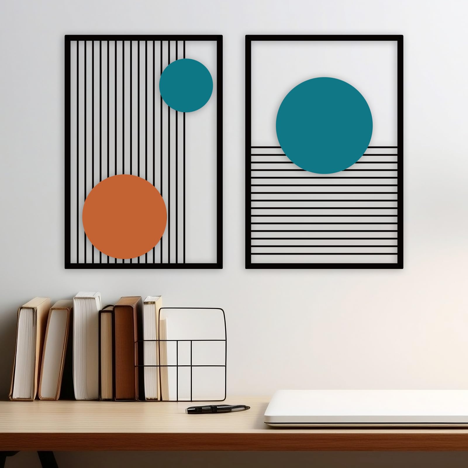 DUOOLN 2 Pcs Abstract Metal Wall Decor, Minimalist Hanging Wall Single Line Art, Modern 3D Geometrical Iron Sculptures Painting for Living Room Bedroom Bathroom Study Room Home Ornamental-Blue