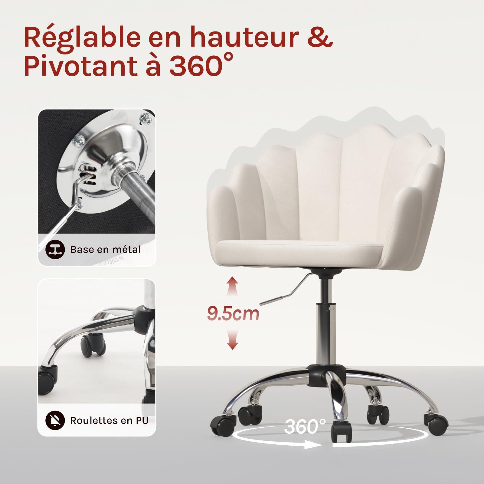 WOLTU Chaise Bureau Pivotante Hauteur Réglable Velours Beige Métal