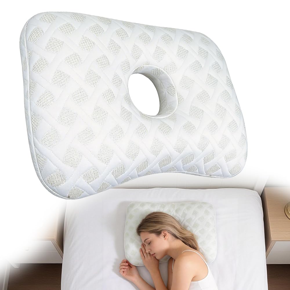 Afenau Ear Piercing Pillow, Washable Ear Pillow with Hole and Zipper, Cotton Pillow with Hole for Ear, Piercing Pillow for Side Sleepers for Ear Pain Ear Inflammation Pressure Sores (White)