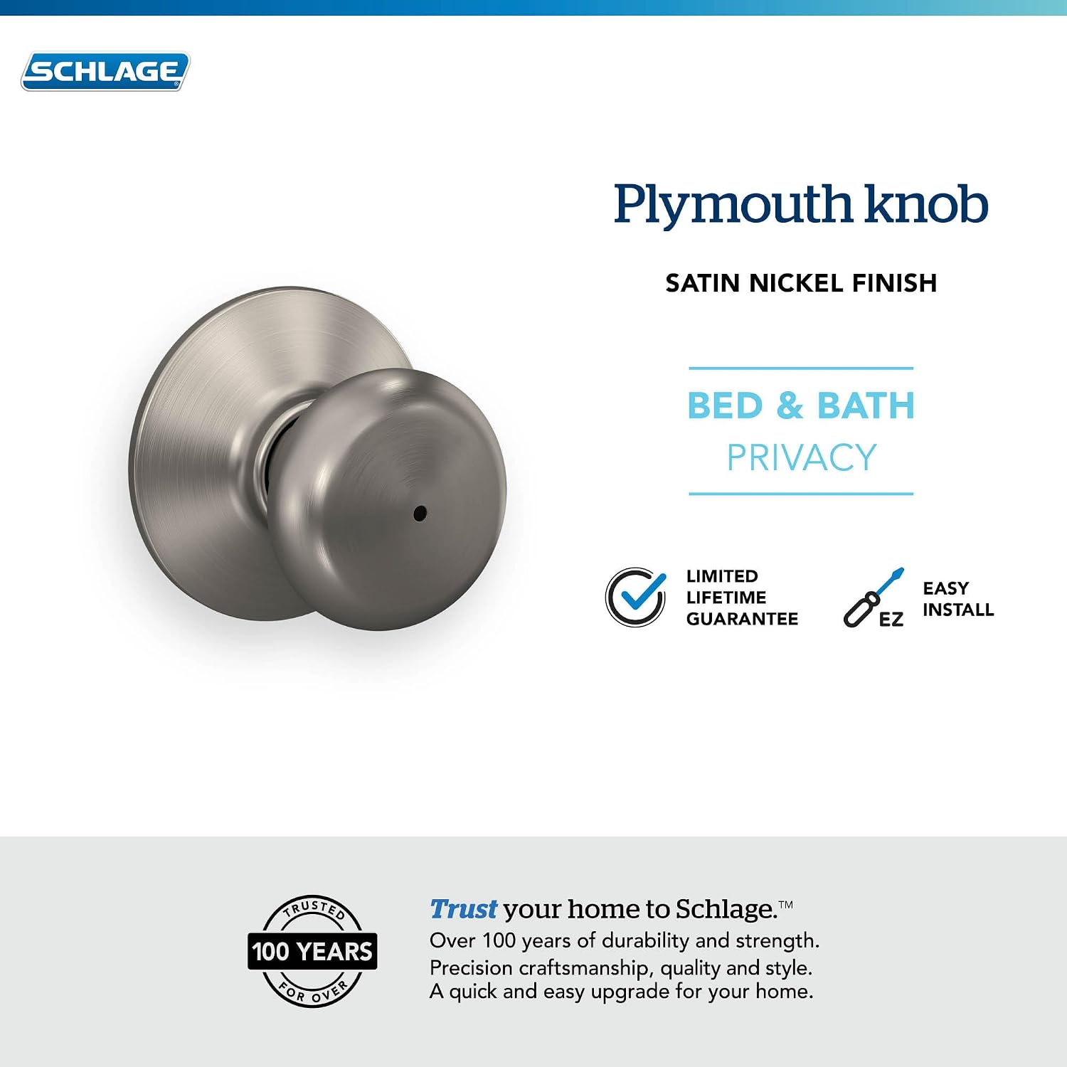 Schlage F40 PLY 619 Plymouth Door Knob, Bed & Bath Privacy Lock, Satin Nickel